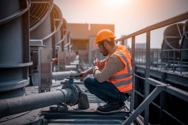 Industry engineer under checking the industry cooling tower air conditioner is water cooling tower air chiller HVAC of large industrial building to control air system.